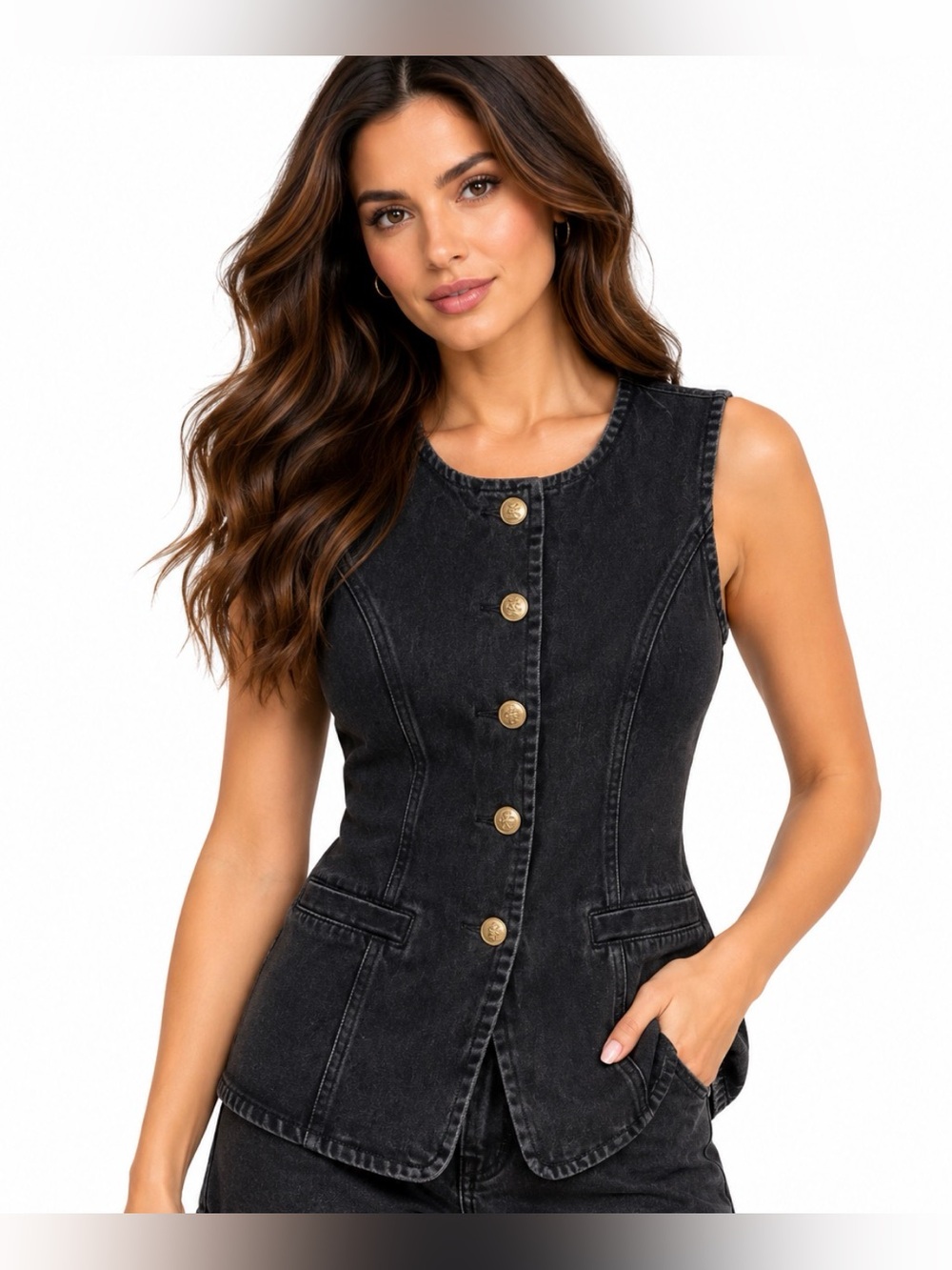 Black Denim Button-Front Women's Vest with Gold Buttons